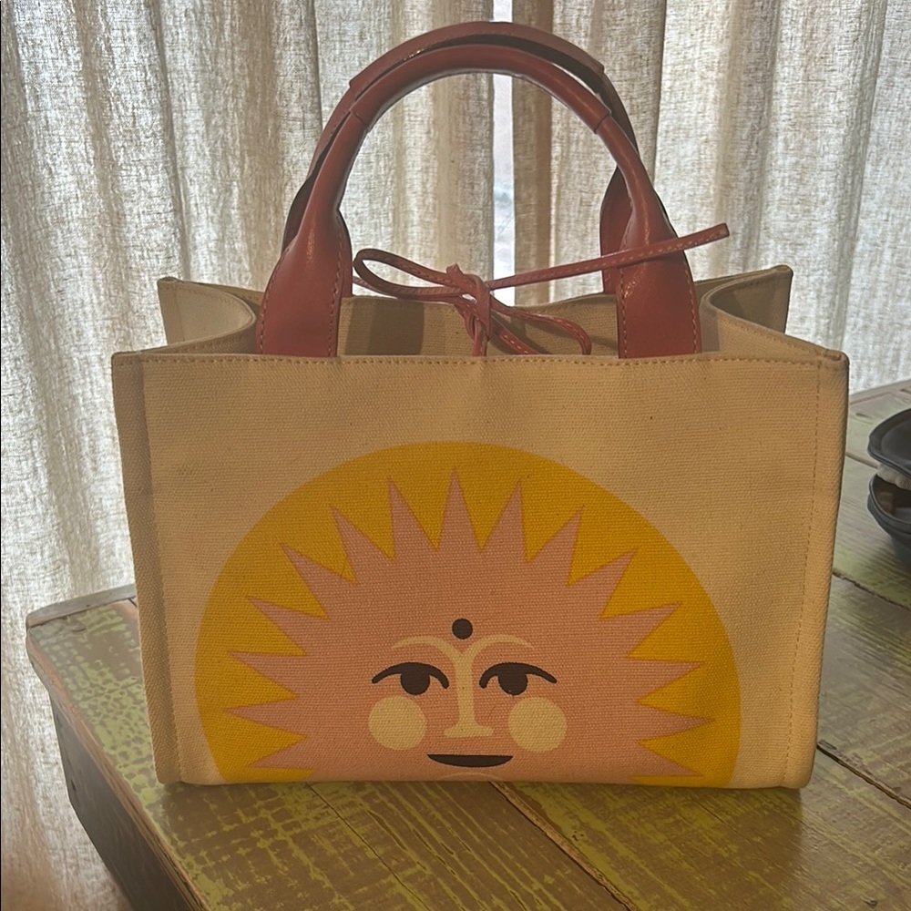 Sun Motif Canvas Tote Bag with Red Handles-Satchel